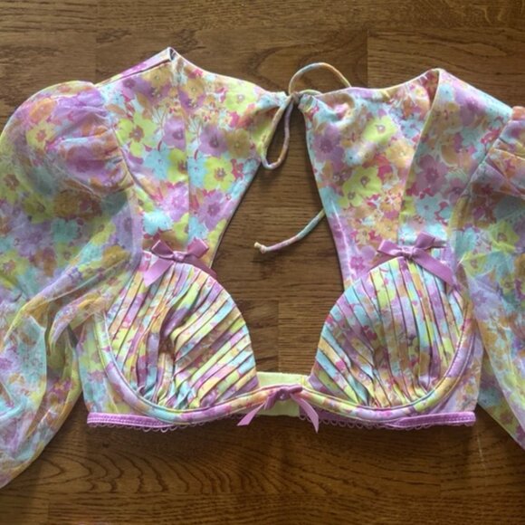 For Love & Lemons Pink Punch Skirt Set Crop Bra Top Puff Floral XXS Pastel sheer - Picture 3 of 7